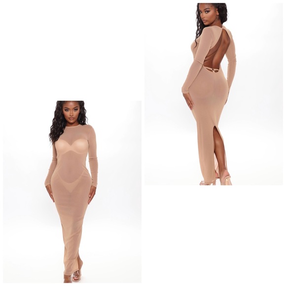 Fashion Nova “Put On A Show Mesh Maxi Dress Taupe” - Picture 2 of 5